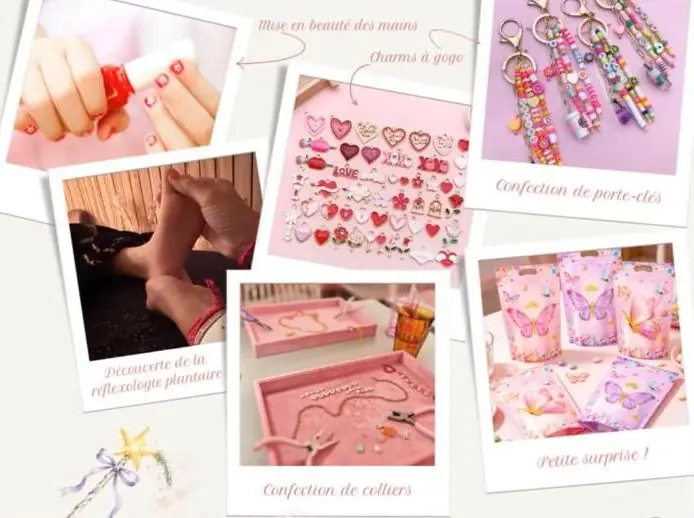 Collage des activités Bulle de Fées : vernis, charms, porte-clés, réflexologie, colliers et pochettes surprise